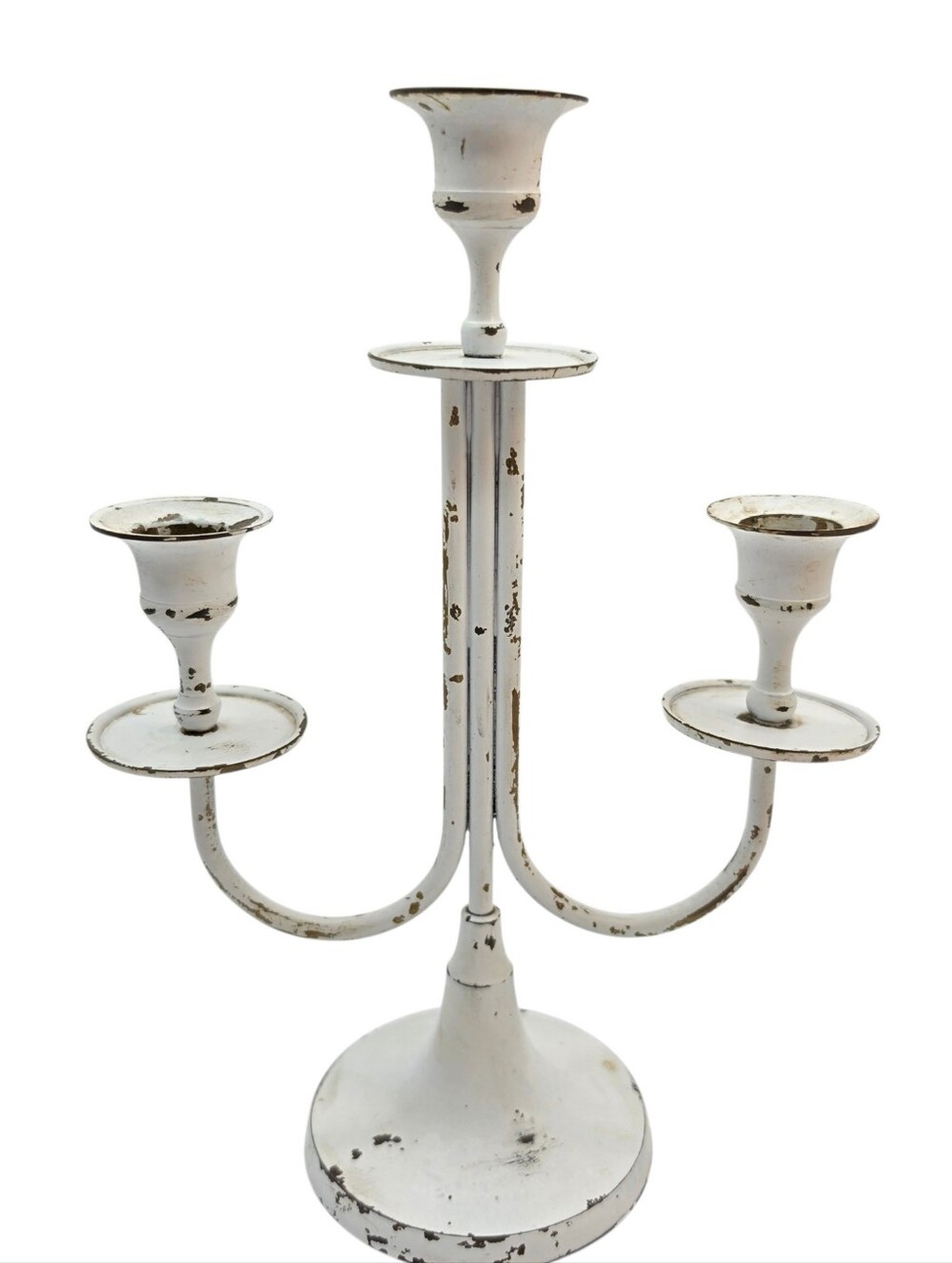 White Metal 3-Arm Taper Candelabra Candle Holder, Shabby Chic Painted, 12 in